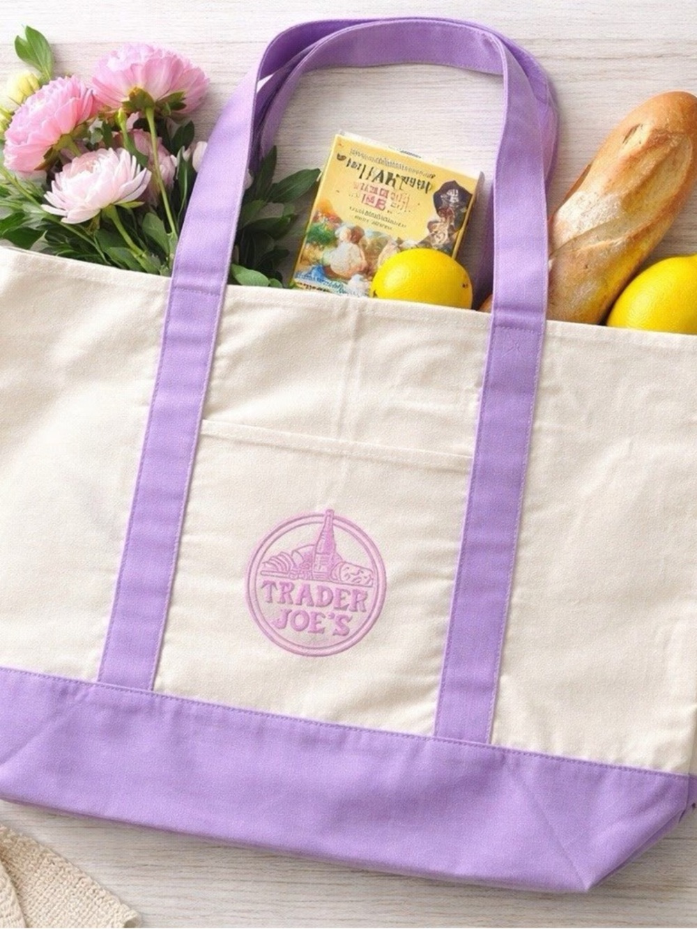 NEW TRADER JOE'S Large Pastel Purple Canvas Tote Bag New Release Easter Spring - Picture 2 of 3